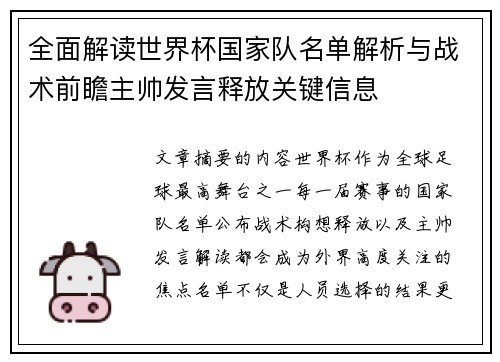 全面解读世界杯国家队名单解析与战术前瞻主帅发言释放关键信息
